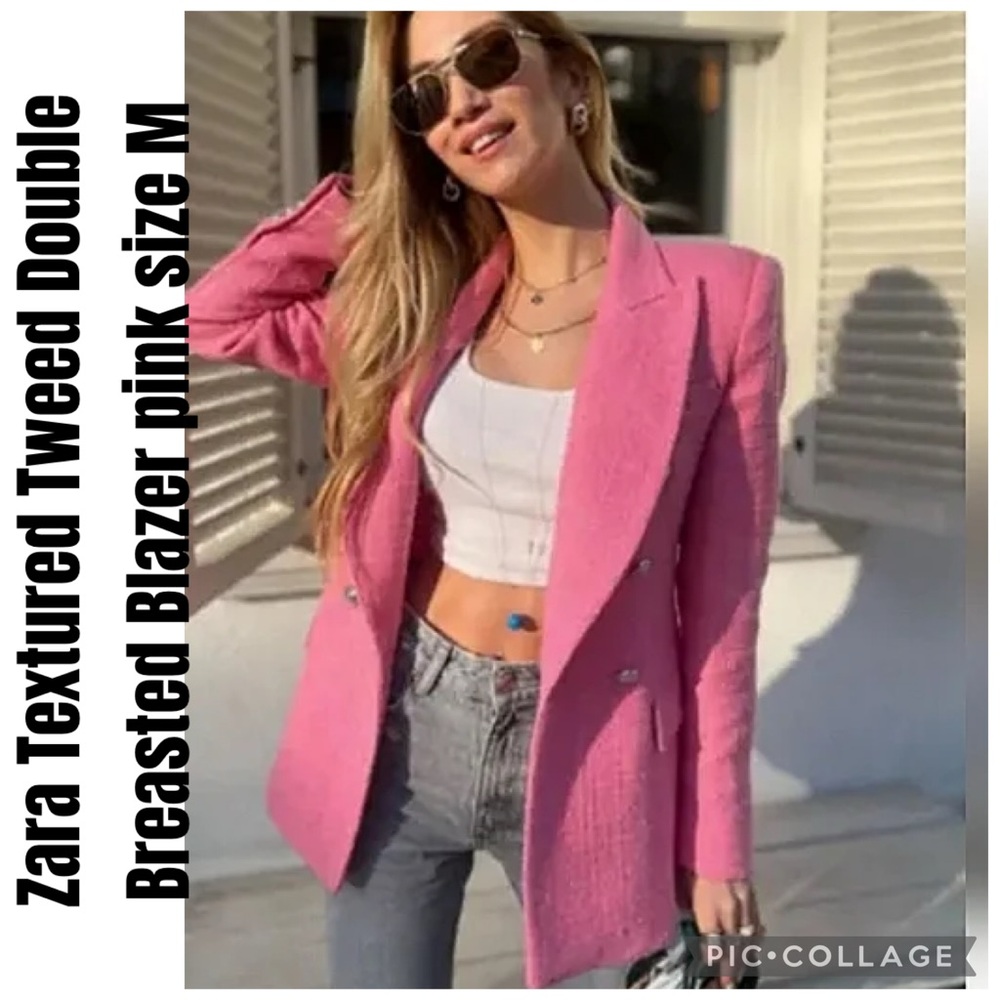 Zara Textured Tweed Double Breasted Blazer pink size M